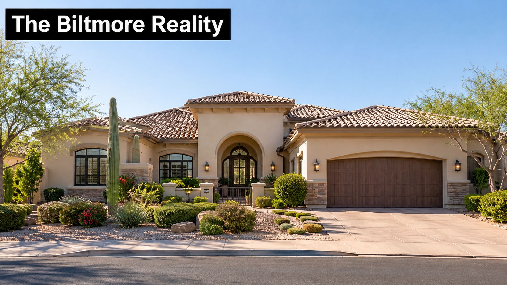 A luxurious single-story home with a tan stucco facade, tile roof, and desert landscaping in Arizona.