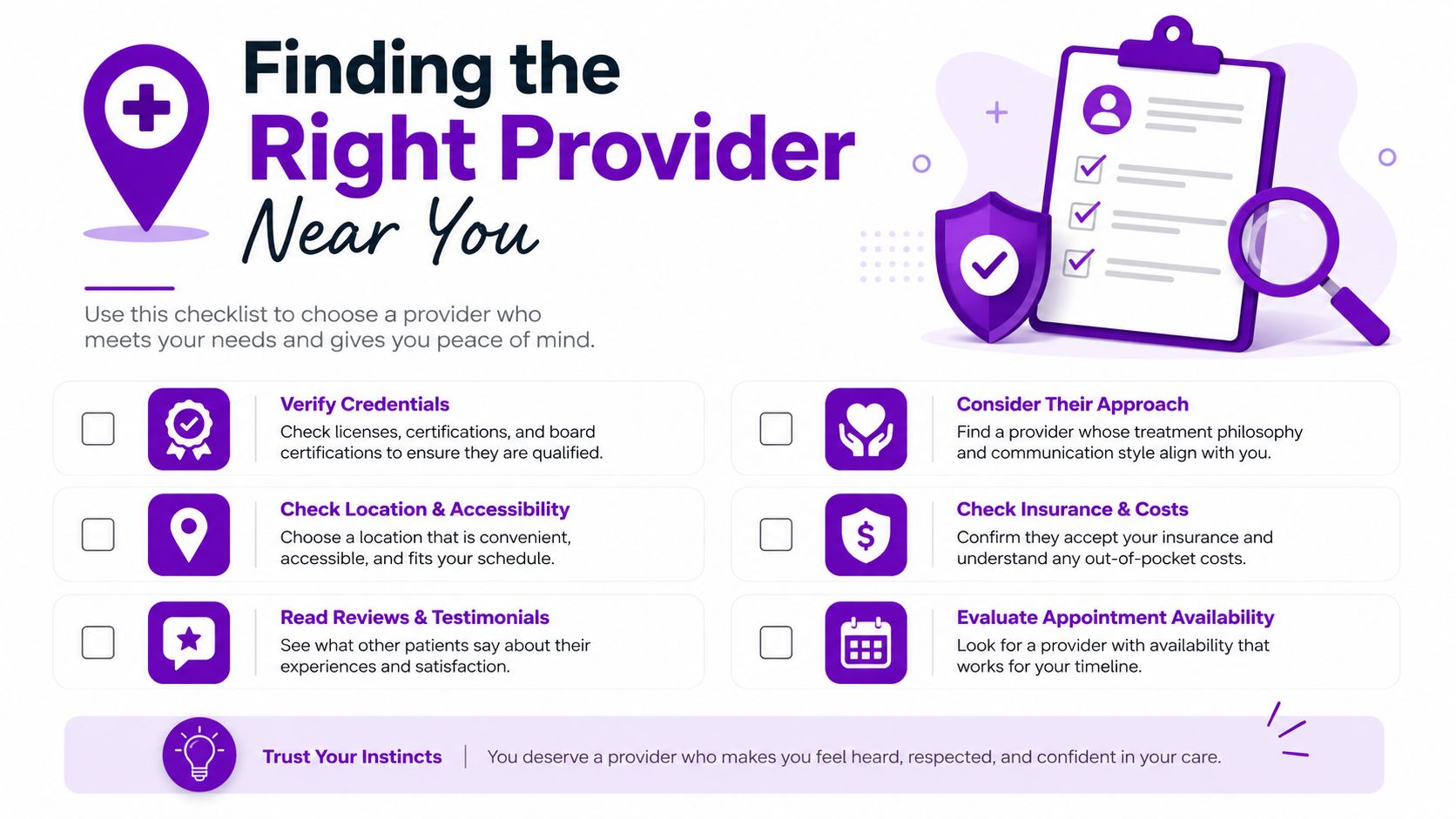 A helpful checklist infographic titled Finding the Right Provider Near You to guide patients in choosing healthcare.