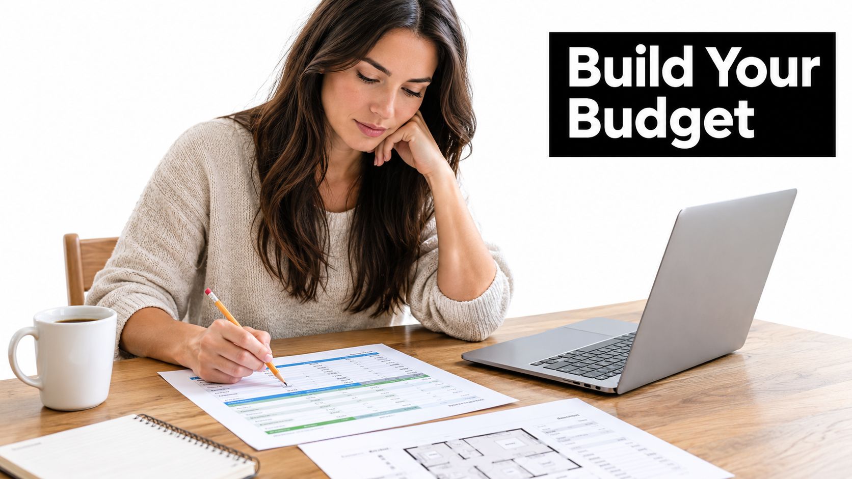 A woman sits at a wooden table reviewing financial documents and blueprints while working on a laptop.