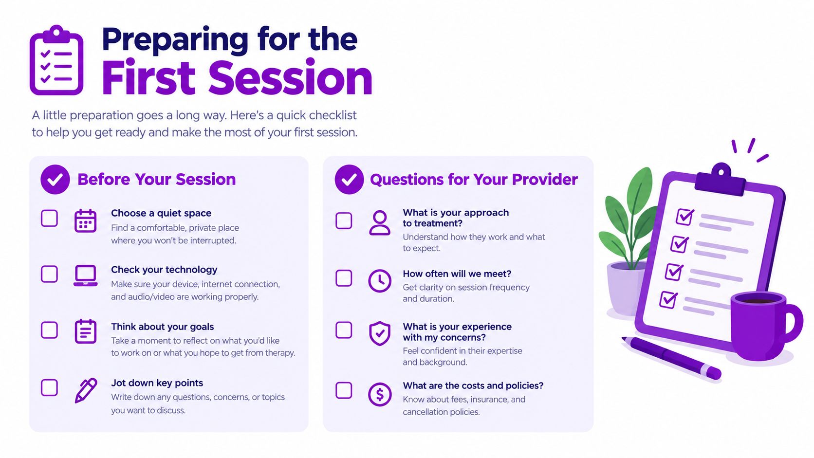 A checklist infographic titled Preparing for the First Session, listing tips for therapy preparation and provider questions.