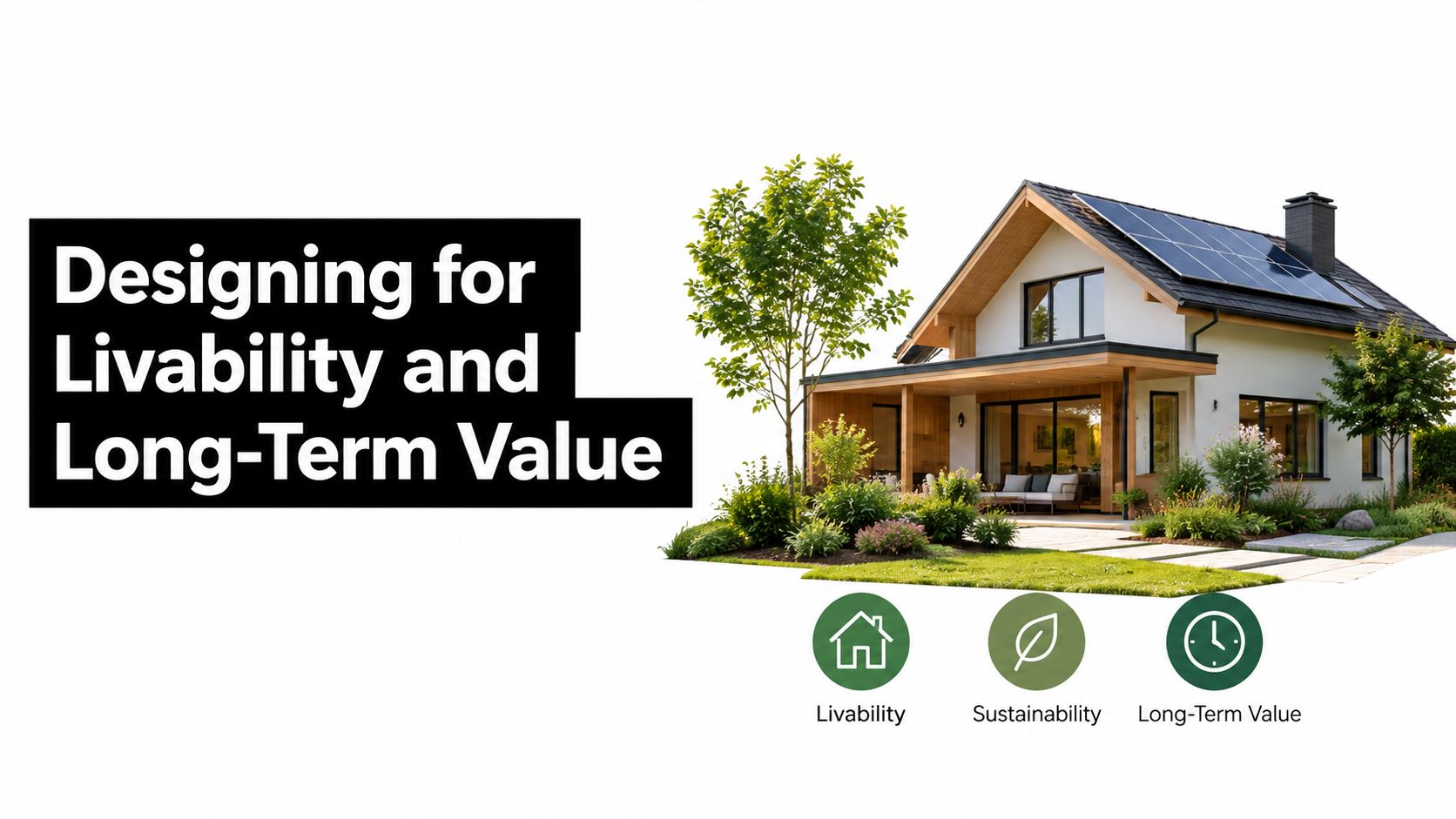 A modern eco-friendly house with solar panels, focusing on architectural design, livability, sustainability, and long-term value.