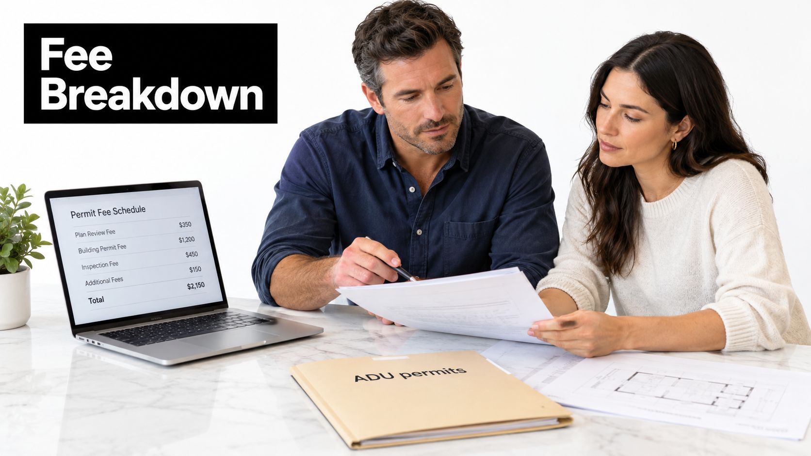 A man and woman review building plans and permit fees for an ADU construction project together.