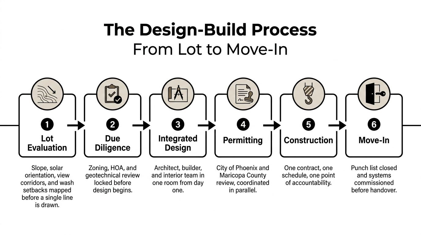 A six-step infographic detailing the custom luxury home design-build process from initial lot evaluation to final move-in.