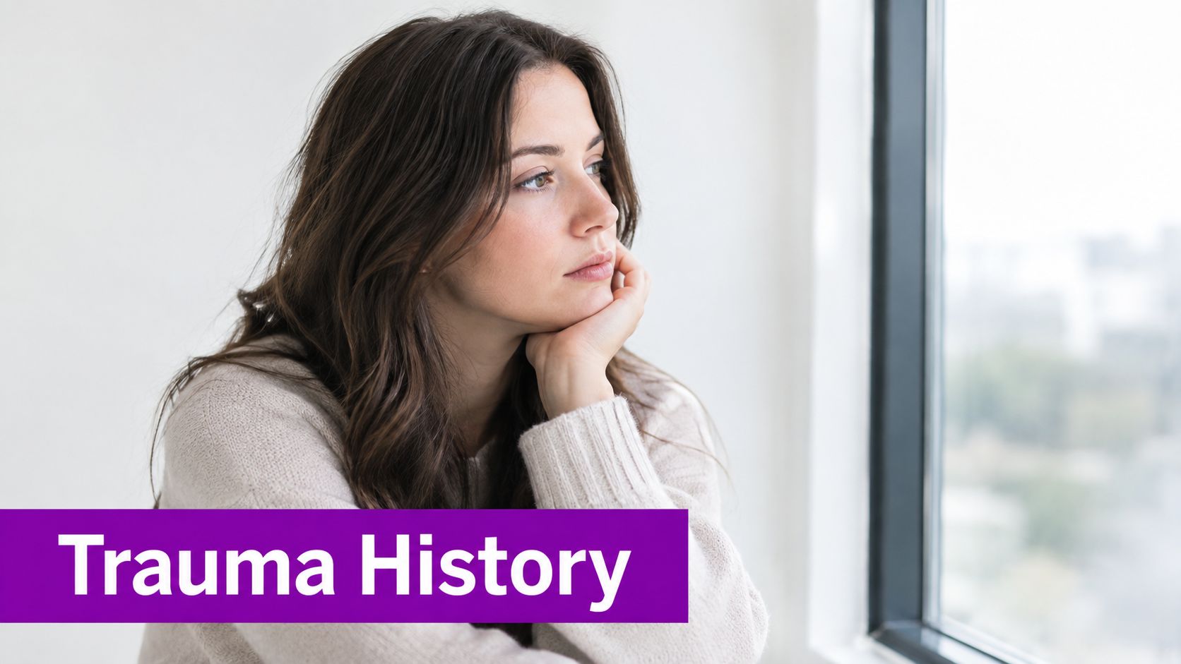 A pensive woman resting her chin on her hand, looking out a window with a serious expression.