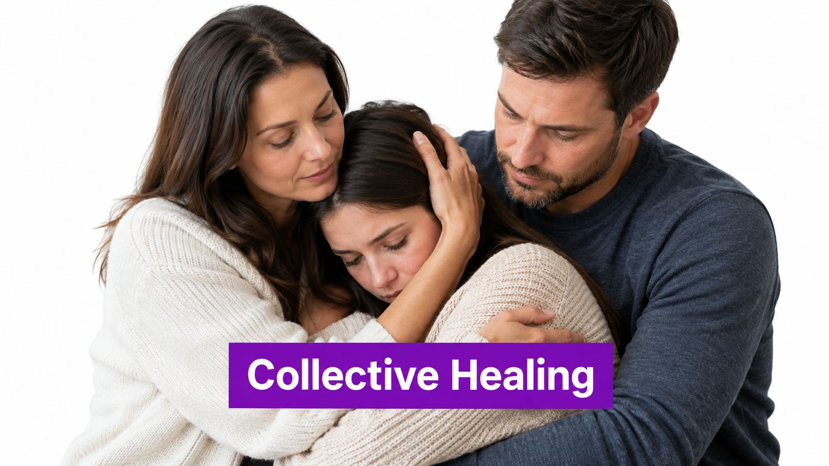 A concerned mother and father embracing their distressed young daughter to provide comfort and support during healing.