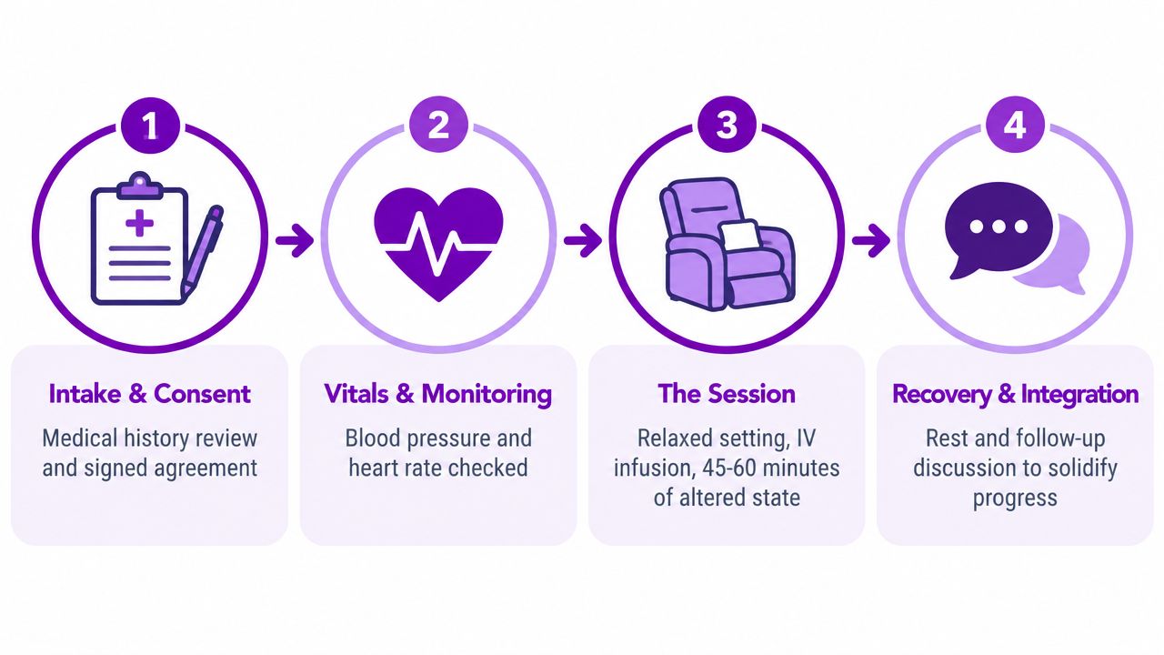 A four-step infographic illustrating the ketamine therapy process from medical intake to session recovery.