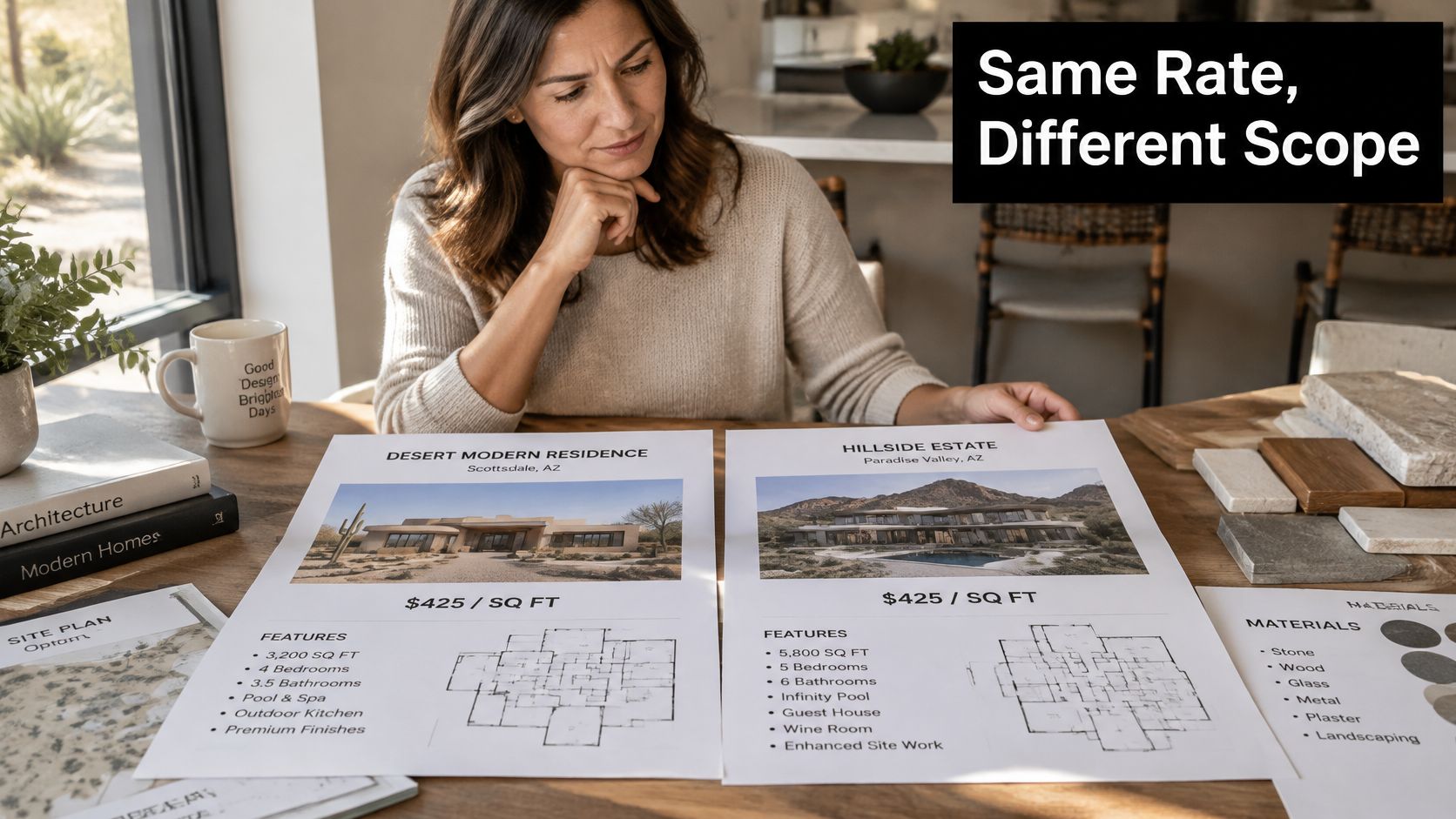 A woman reviewing architectural floor plans and project specifications for two different luxury modern homes on a table.
