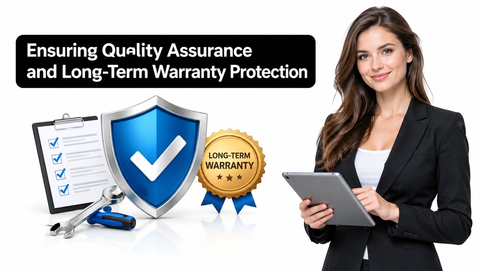 A professional woman holding a tablet with icons for quality assurance and long-term warranty protection.