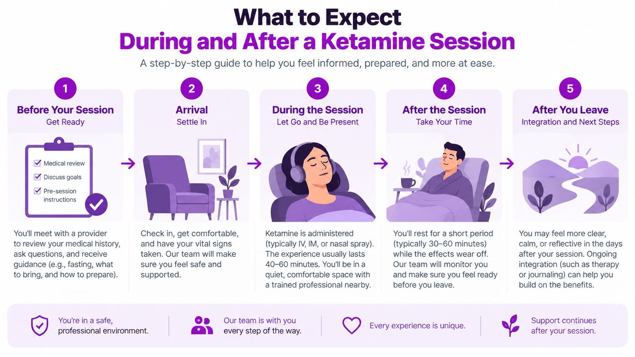 An infographic detailing the five-step process of a patient experience during and after ketamine therapy sessions.