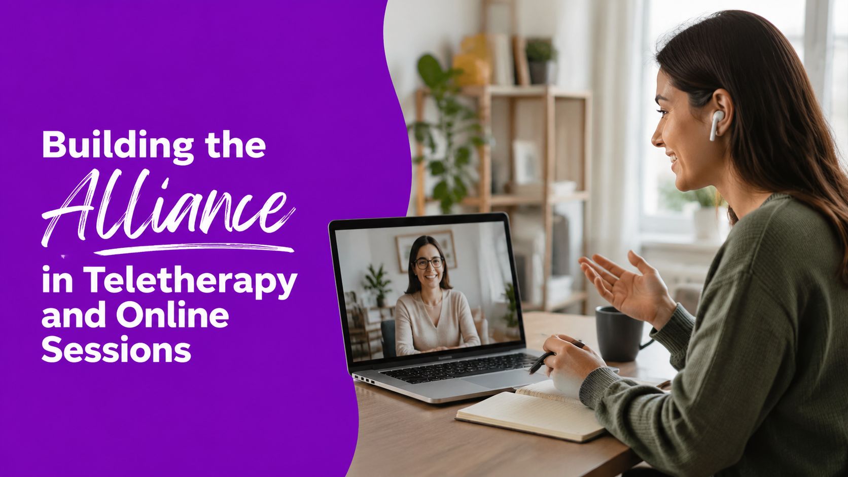 A woman participating in a video call for a teletherapy session on her laptop at home.