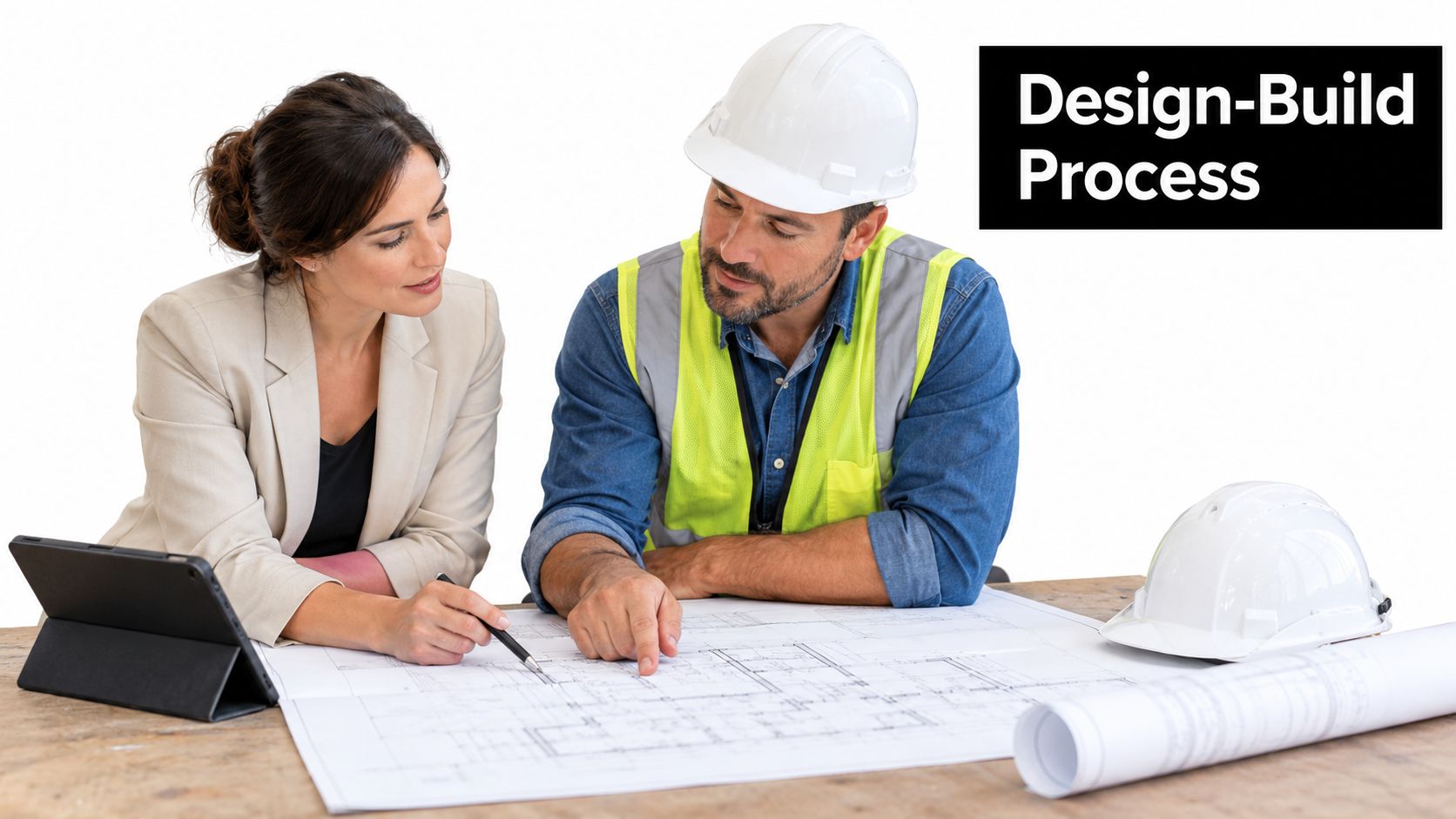 An architect and a construction manager reviewing architectural blueprints together at a wooden table.