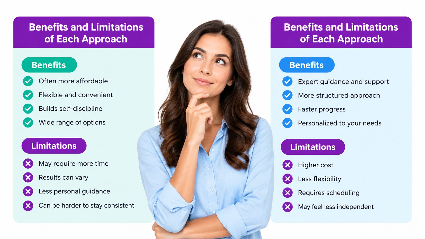 A woman contemplating between two approaches with pros and cons listed for each side by side.