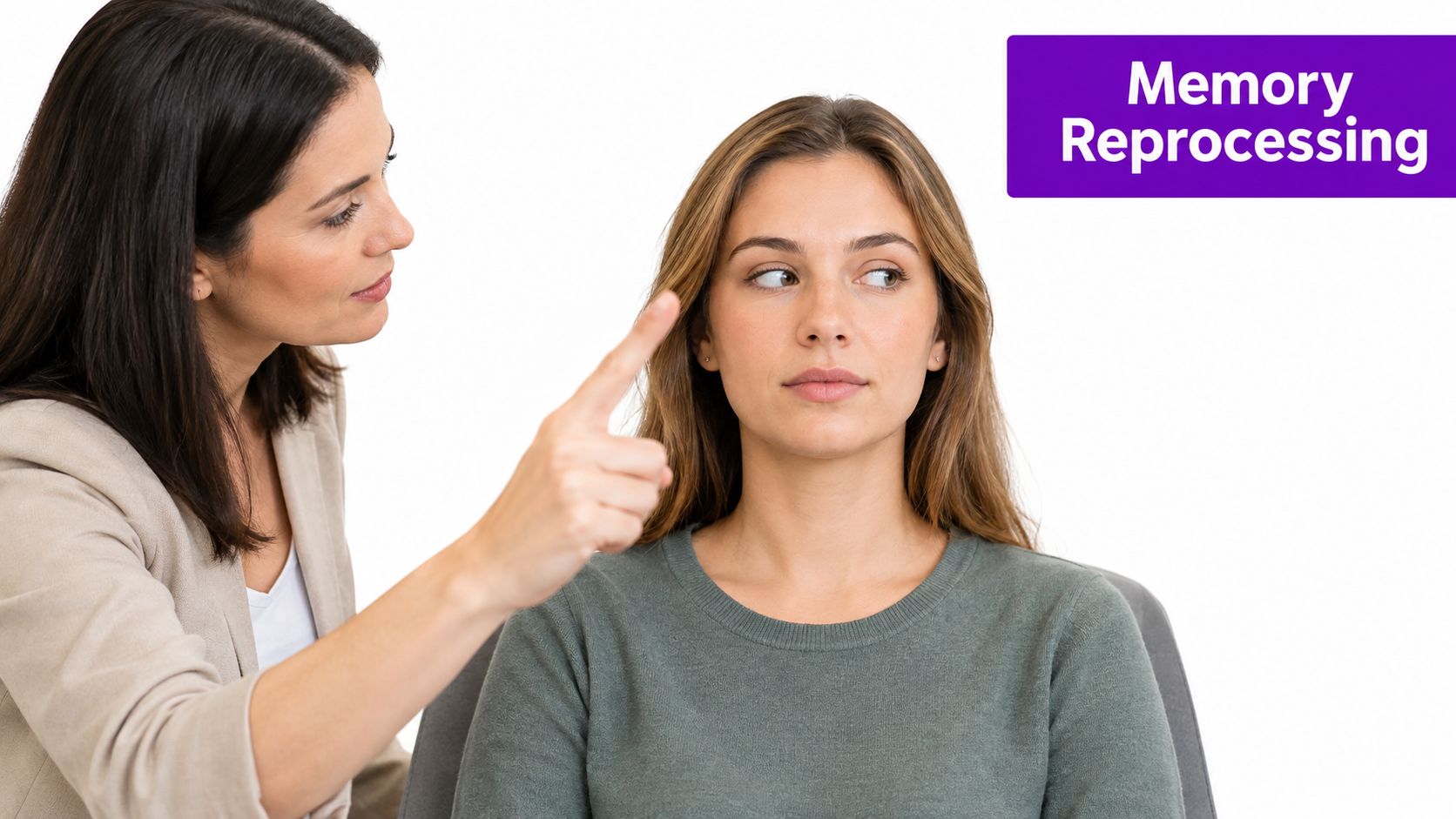 A therapist guides a client during an EMDR memory reprocessing therapy session with eye movement exercises.