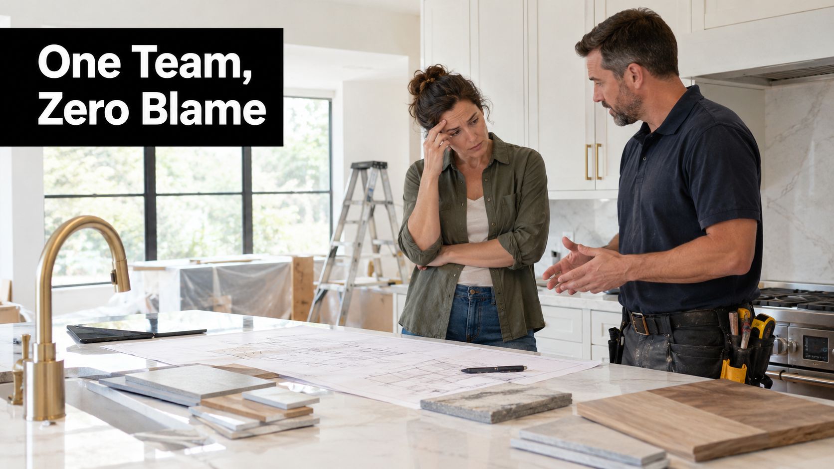 A woman looks concerned while reviewing construction blueprints with a contractor in a kitchen under renovation.