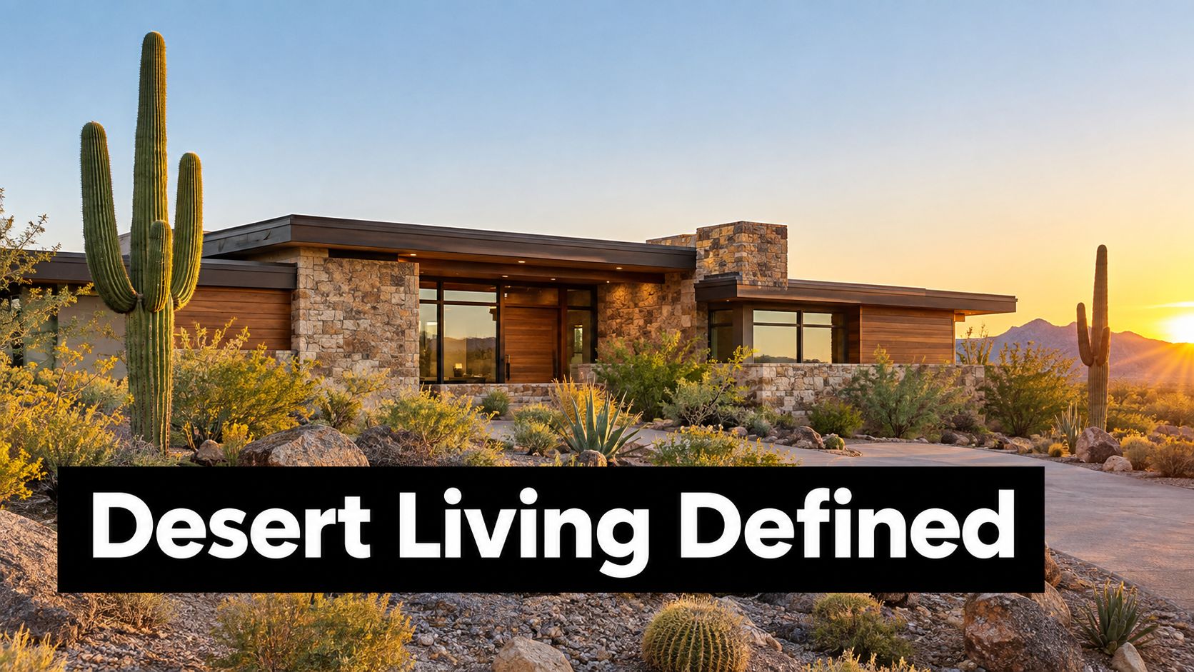 A modern luxury custom desert home with saguaro cacti and sunset views in the Arizona landscape.