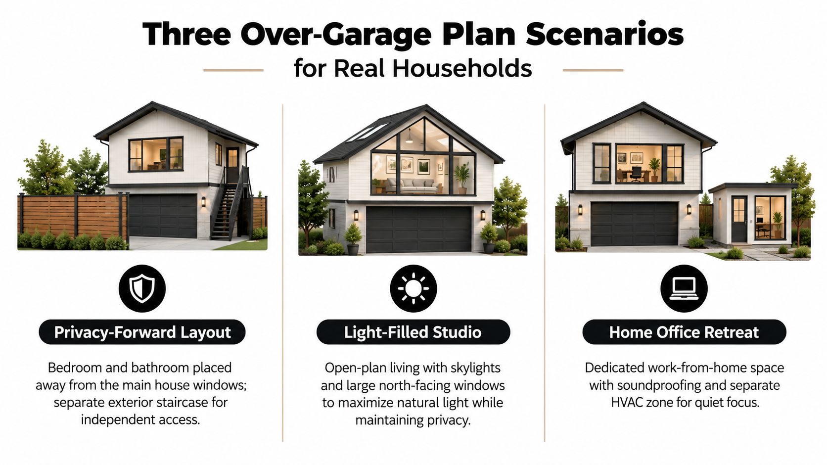 A diagram comparing three different accessory dwelling unit designs featuring living spaces built above a residential garage.