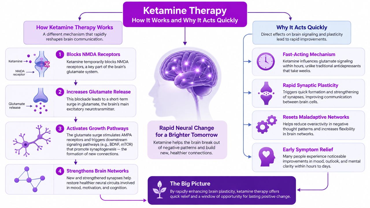 An infographic detailing how ketamine therapy works to improve mood through rapid neural changes and synaptic plasticity.
