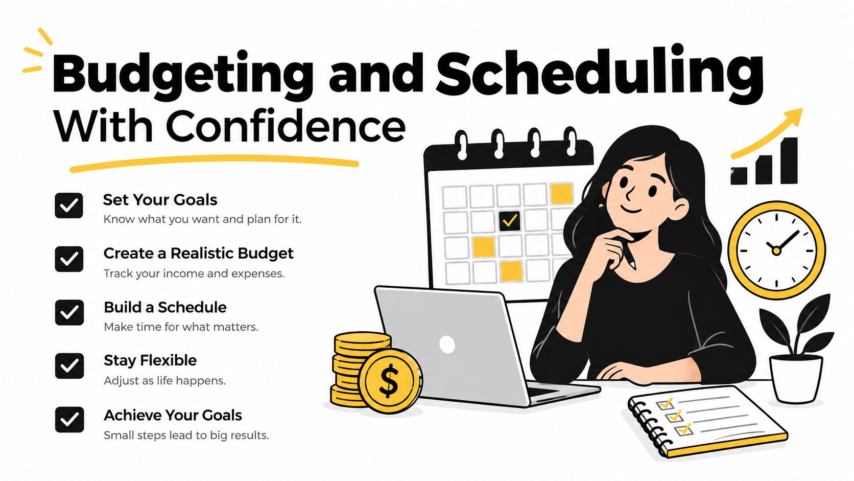 A woman working at her desk with a laptop, planner, and coins, illustrating budgeting and scheduling tips.