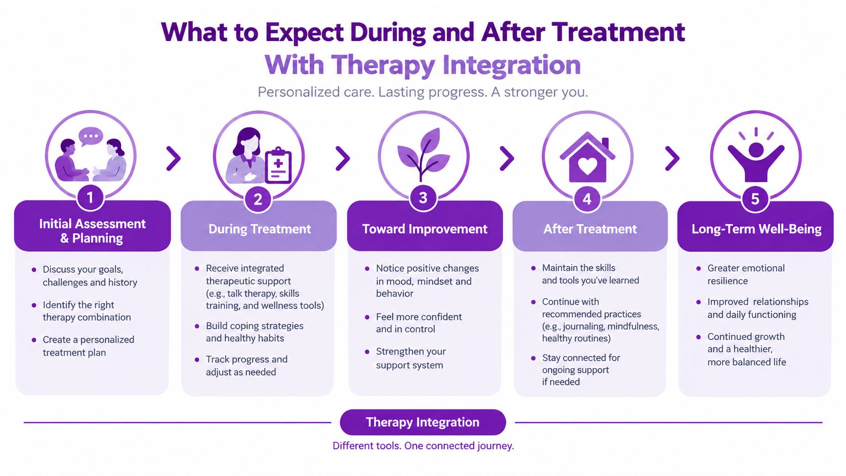A flowchart showing the five stages of therapy integration from initial assessment to long-term well-being.