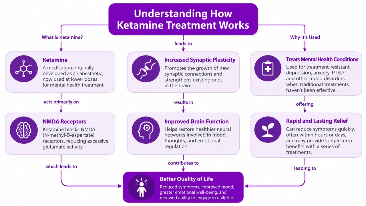A flowchart explaining how ketamine treatment works, including its effects on brain function and mental health.