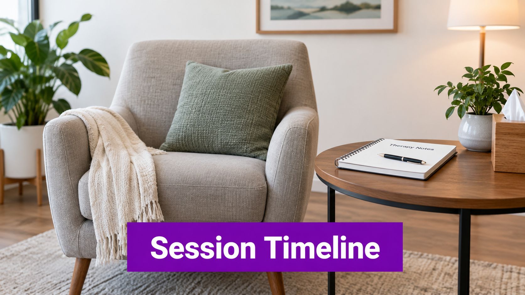 A cozy, welcoming therapy room featuring a comfortable armchair with a blanket, a notepad, and plants.