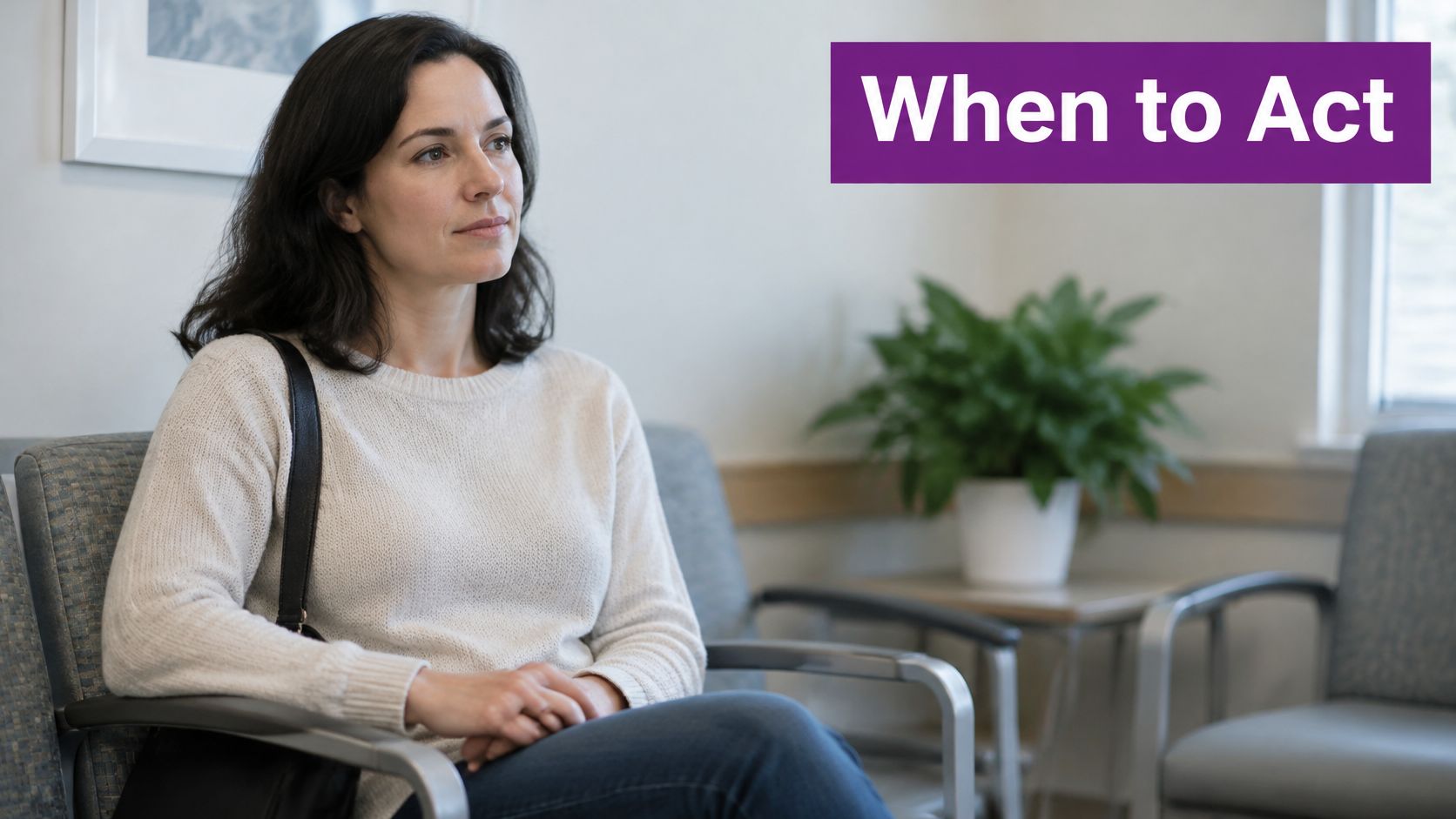 A woman sits patiently in a waiting room, looking pensive while awaiting her appointment with a professional.