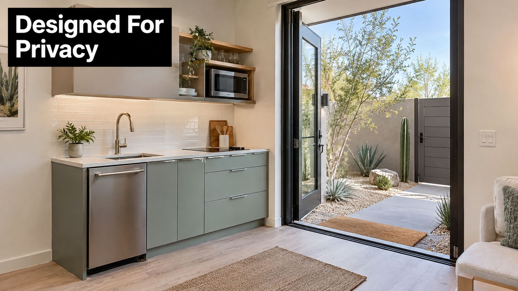 A modern kitchen interior in an accessory dwelling unit featuring sage green cabinets and a private patio.