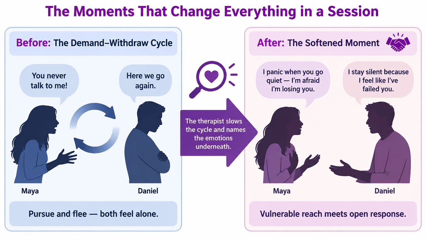 A diagram comparing a negative demand-withdraw cycle in relationships with a positive, vulnerable softened moment through therapy.
