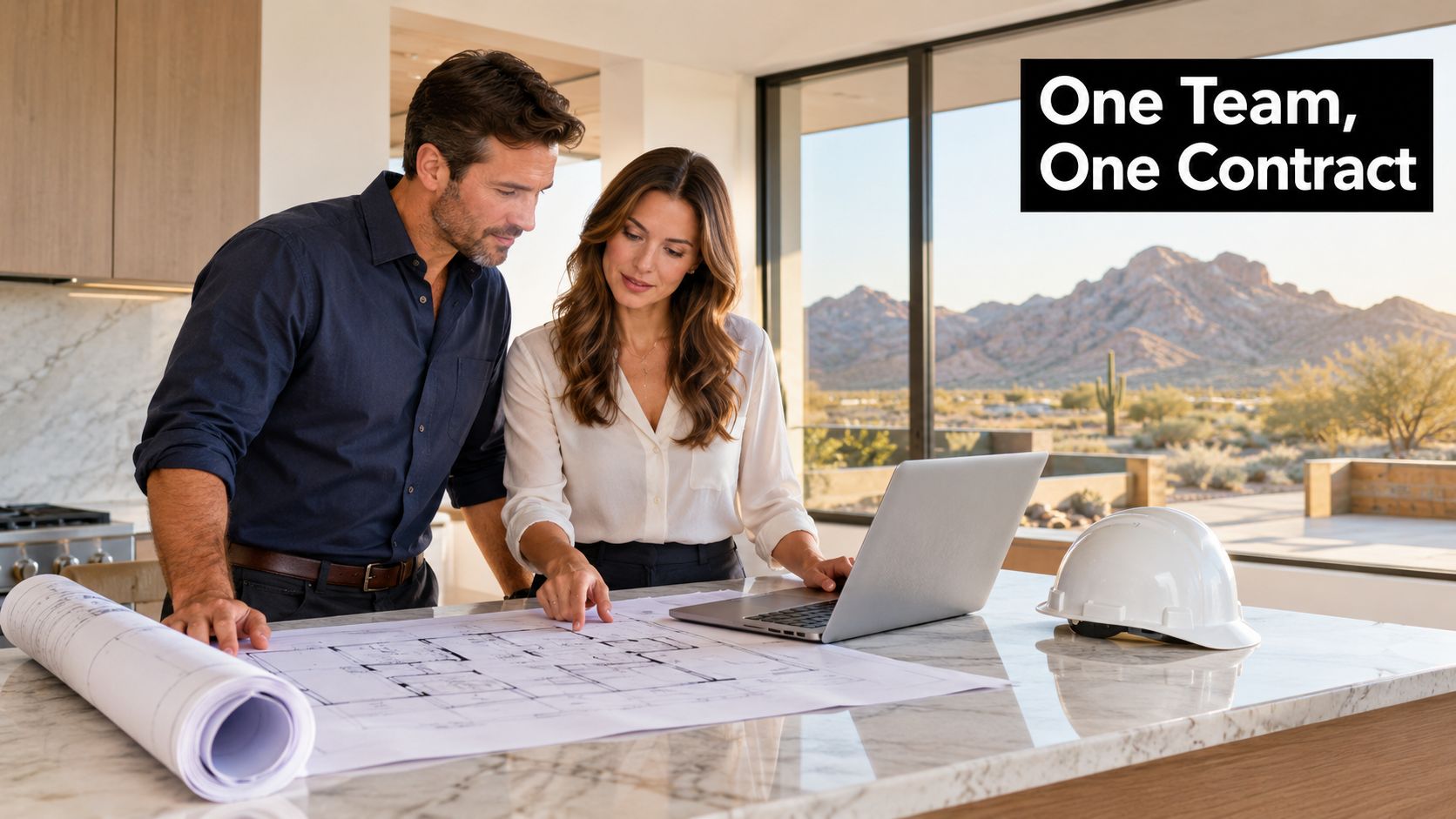 Professional man and woman collaborating on home blueprints with a laptop and hard hat in a modern kitchen.
