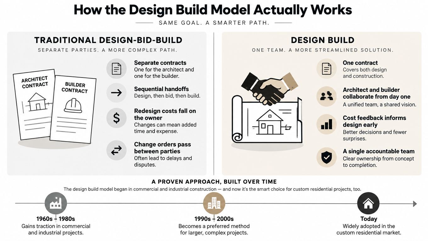 A comparison infographic showing the difference between traditional design-bid-build and the streamlined design-build construction process.