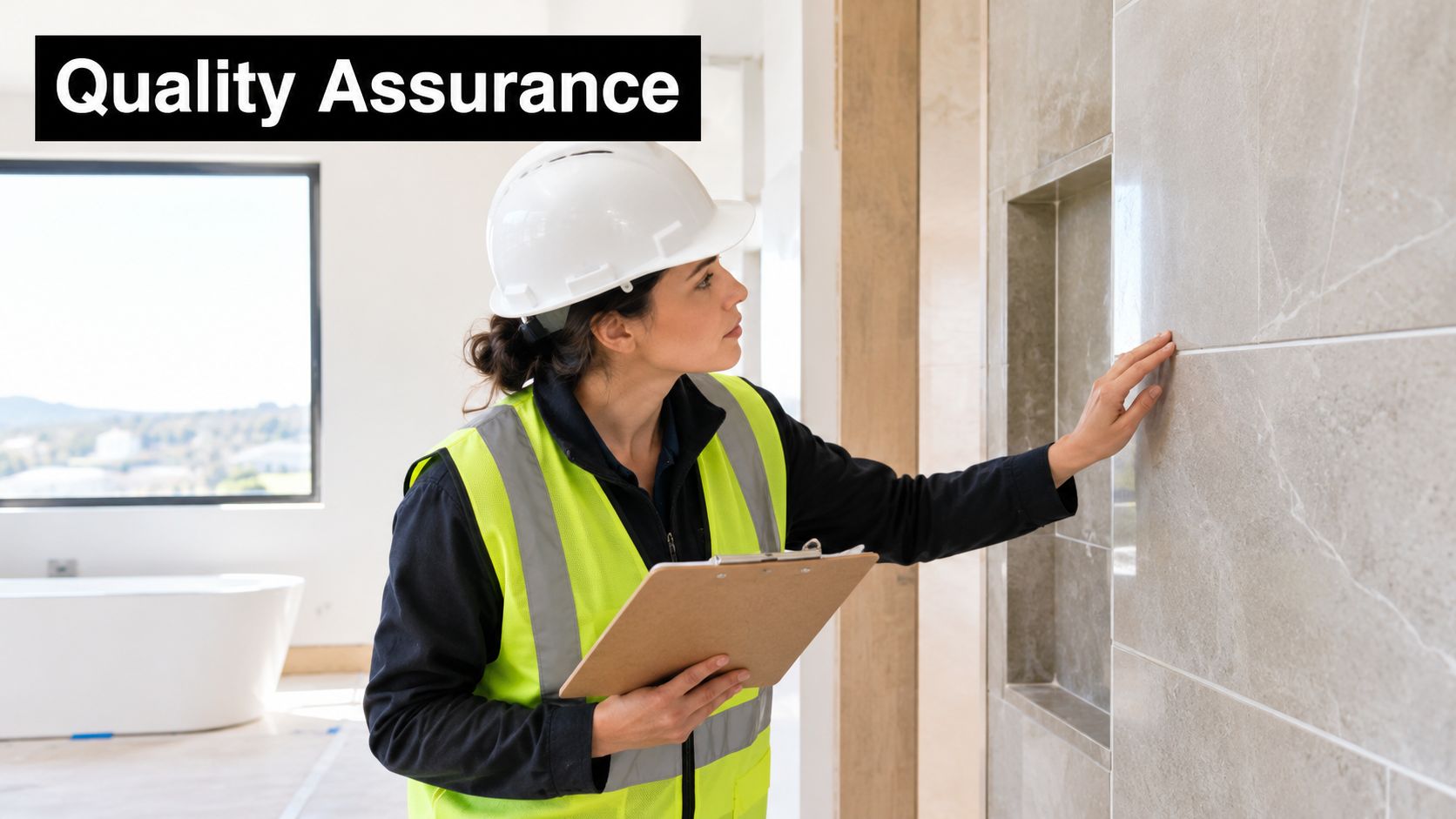A professional construction inspector in safety gear inspecting a tile wall during a home inspection.