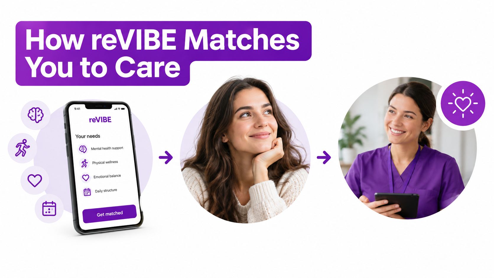 A woman choosing wellness services on the reVIBE app to be matched with a professional healthcare provider.