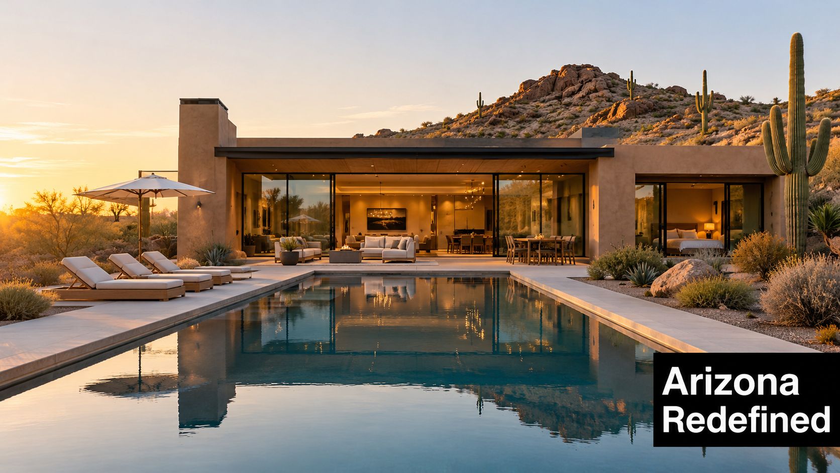 A modern luxury house with a swimming pool at sunset nestled in the Arizona desert landscape.