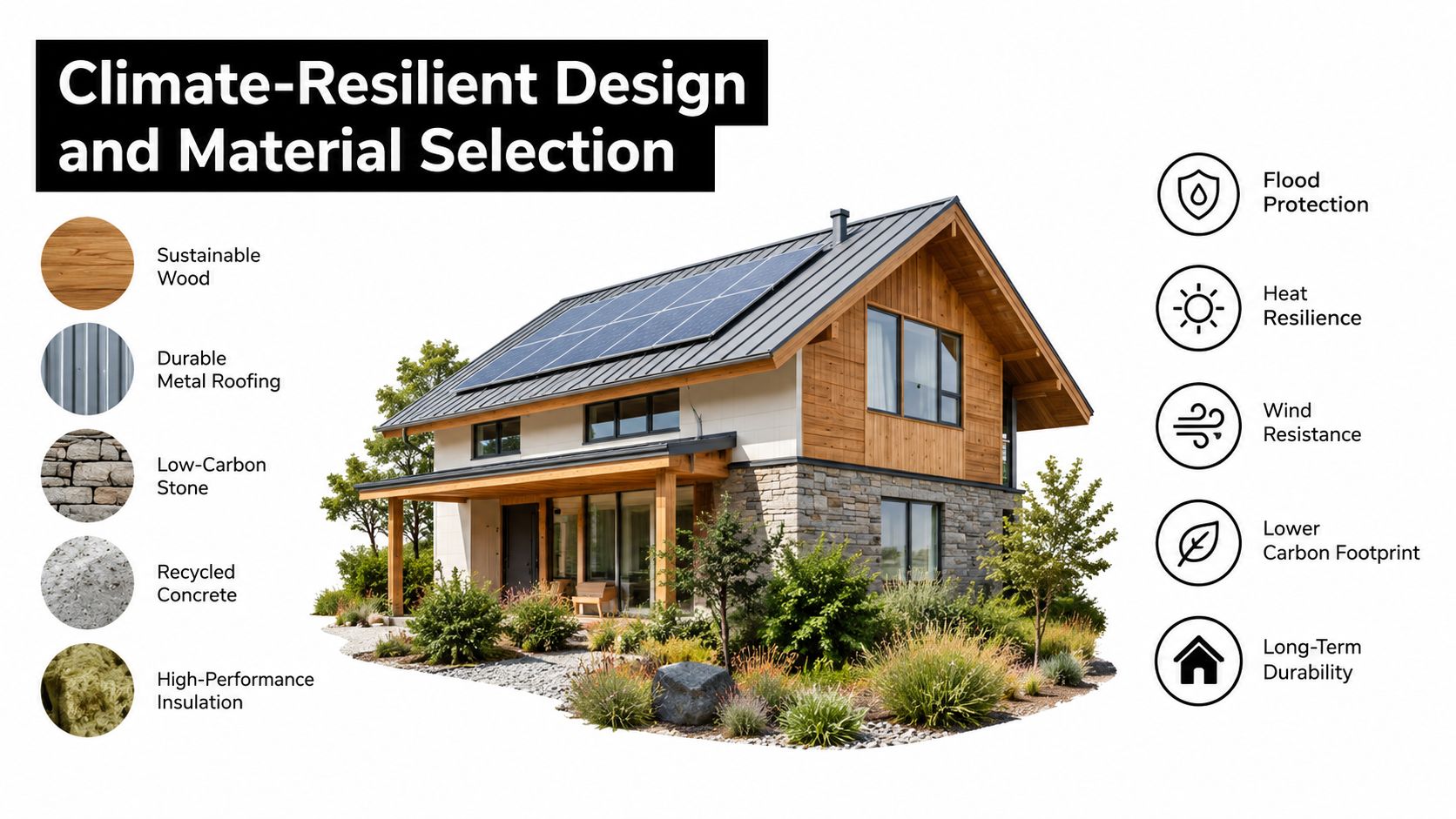 A modern eco-friendly house illustration showcasing sustainable materials like wood, stone, and metal roofing for climate resilience.