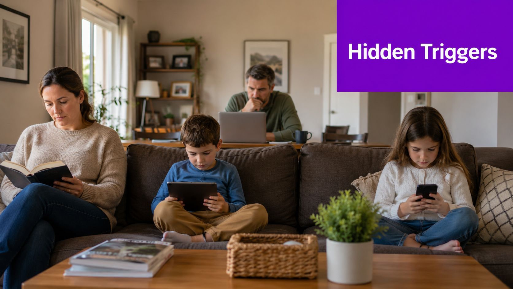A family sitting together on a sofa, all focused on their own electronic devices and books.