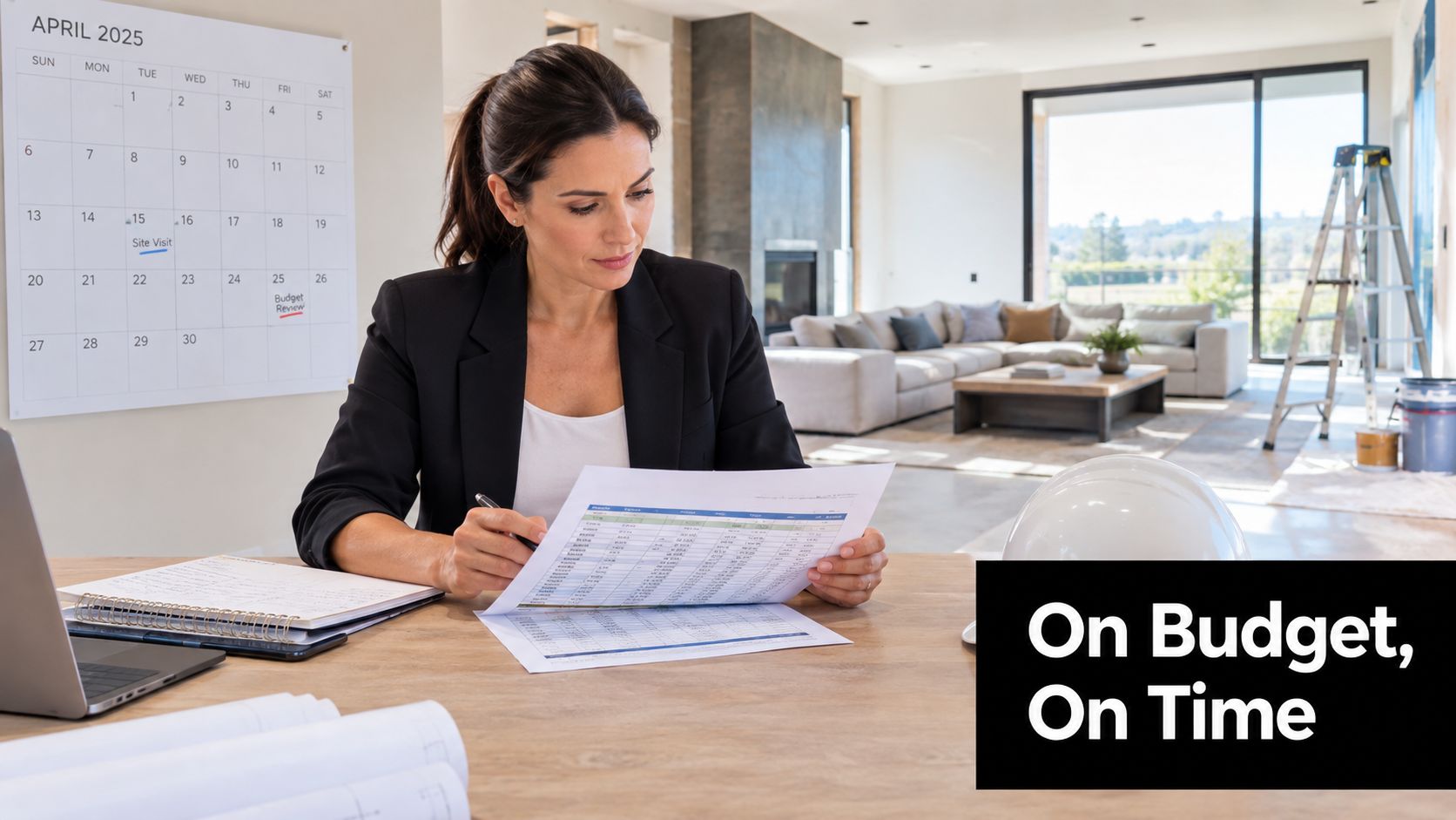 A professional woman reviews financial documents at a desk in a spacious, light-filled modern home construction project.