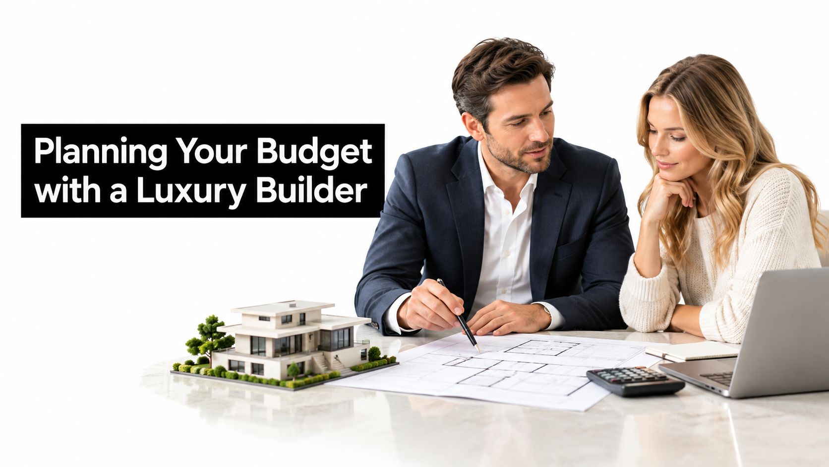 A professional builder and a client reviewing architectural blueprints and a house model for budget planning.
