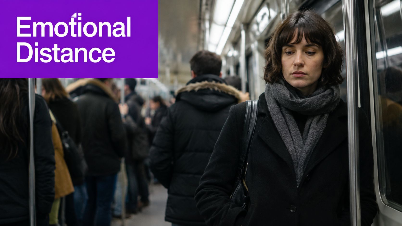 A contemplative woman standing alone on a crowded subway, visually representing feelings of isolation and emotional distance.