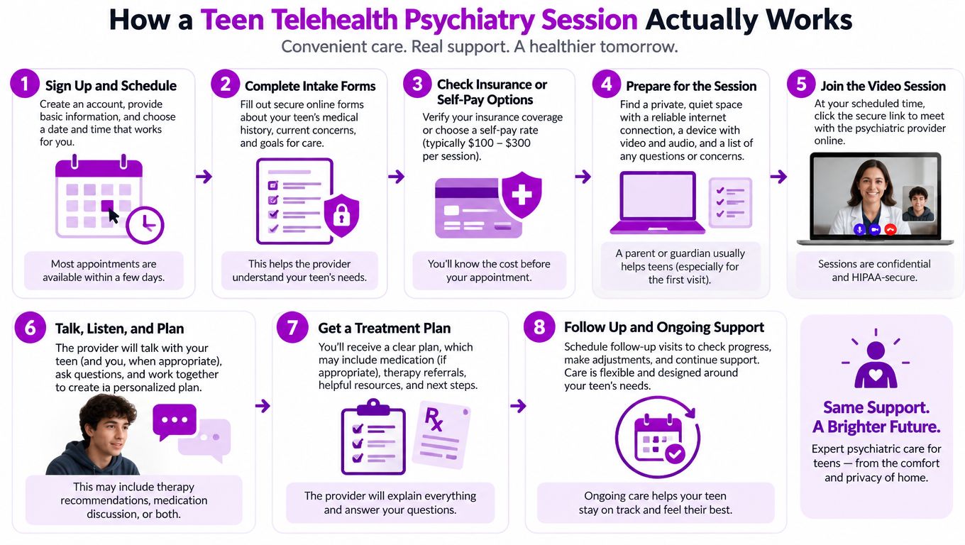 An infographic showing the step-by-step process of attending a teen telehealth psychiatry session from home.