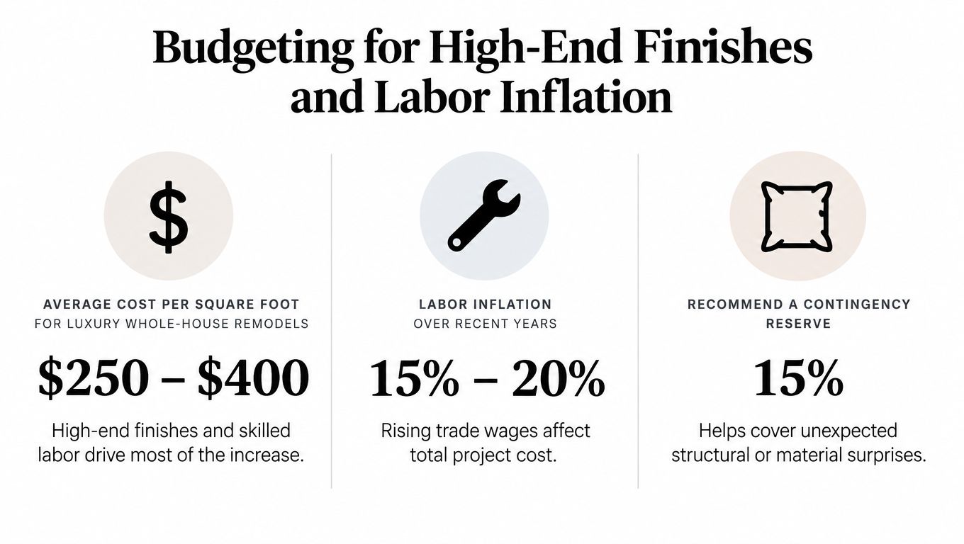 An infographic detailing luxury home remodeling costs, labor inflation percentages, and recommended project contingency reserves.