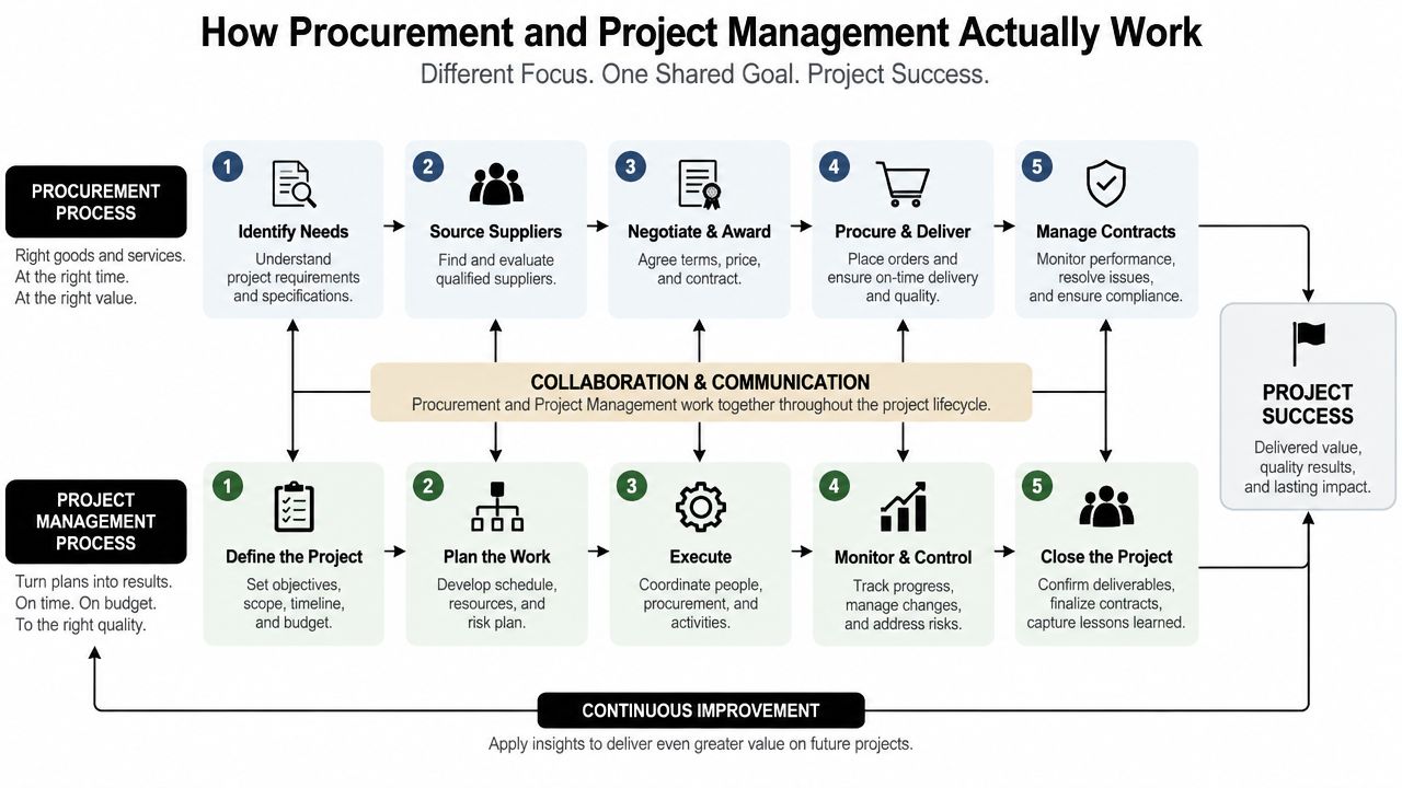 A flowchart illustrating the collaborative process between procurement and project management to achieve overall project success.