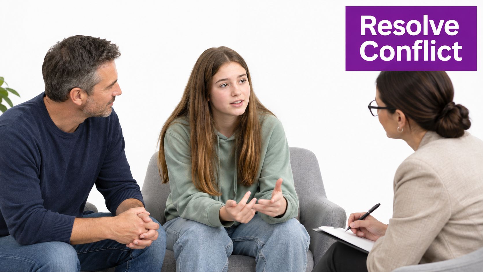 A father and his teenage daughter attending a therapy session with a counselor to resolve conflict.