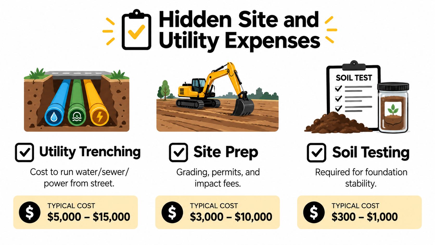 An infographic detailing typical hidden costs for site and utility expenses when building a new property.