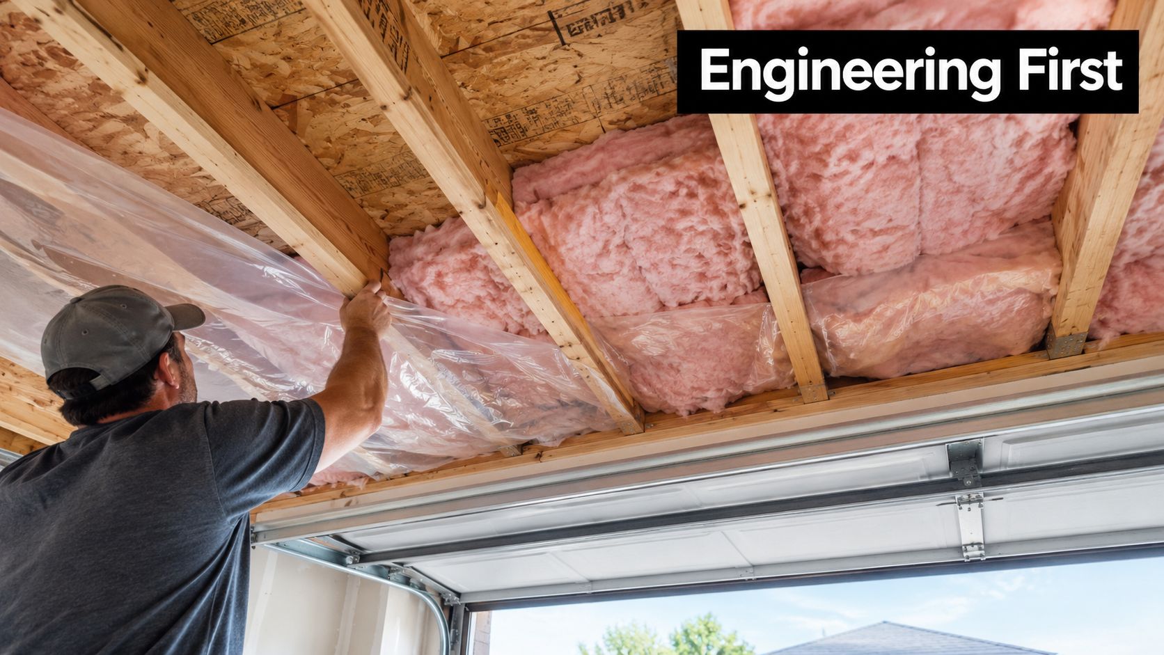 A construction worker installs plastic vapor barrier sheeting under insulation between ceiling joists in a garage.