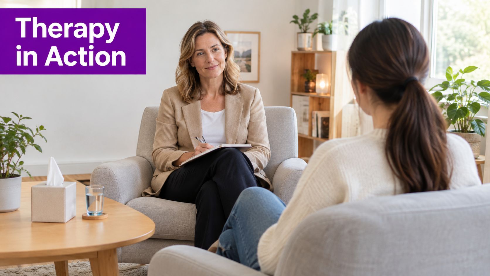 A professional therapist listens attentively to a patient during a counseling session in a bright office.