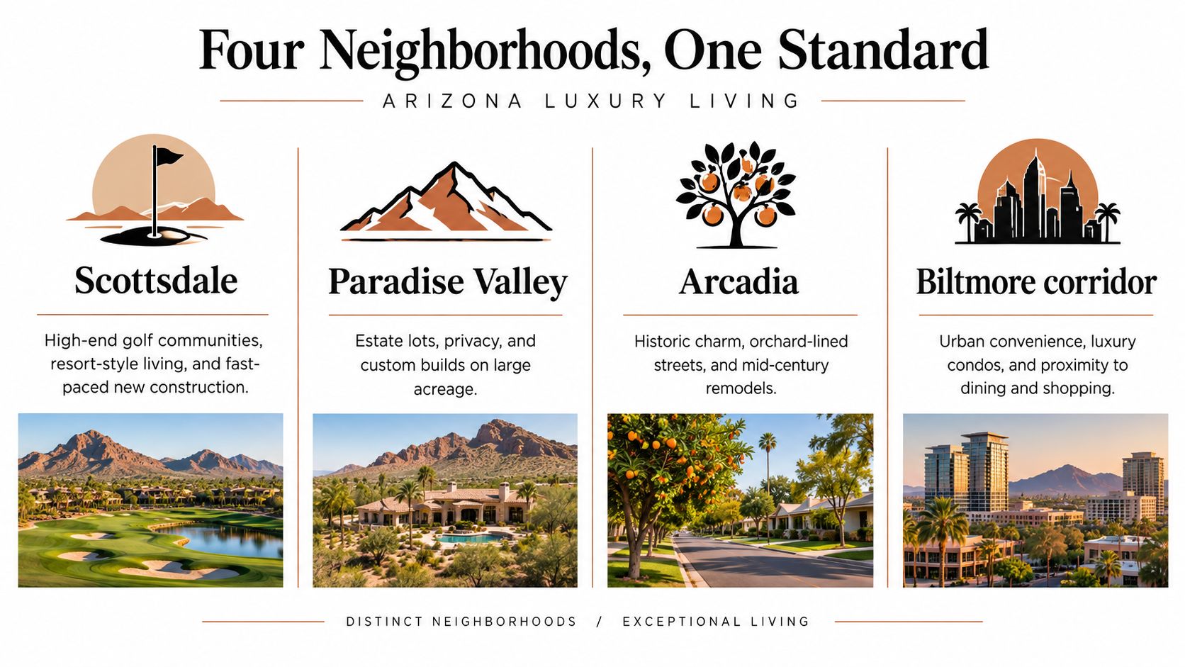 A graphic showcasing four distinct luxury neighborhoods in Arizona with descriptive text and scenic landscape photos.