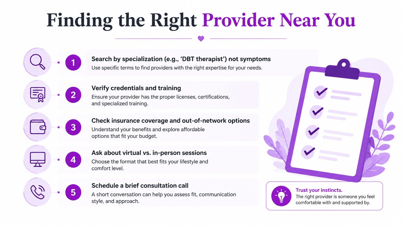 An infographic titled Finding the Right Provider Near You showing five steps for choosing a therapist.