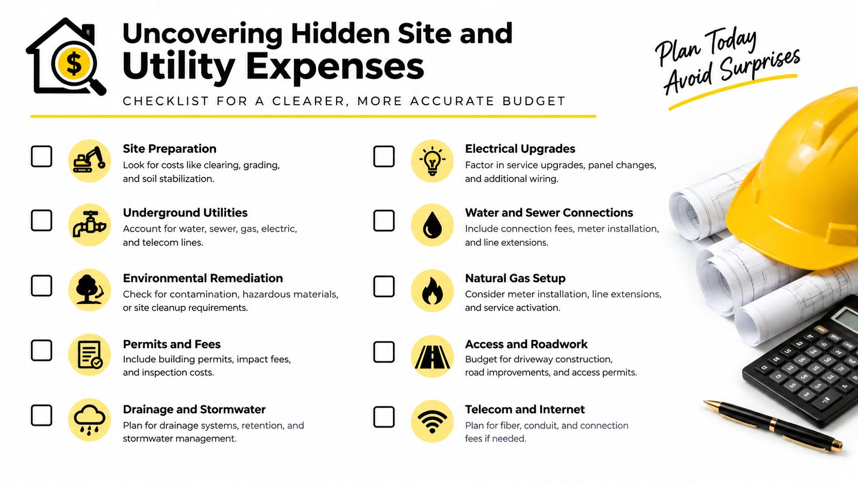 A checklist for budgeting construction costs including site preparation, utilities, permits, and infrastructure expenses for building projects.