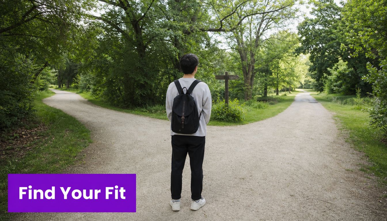A person with a backpack standing at a fork in a nature trail deciding which path to take.