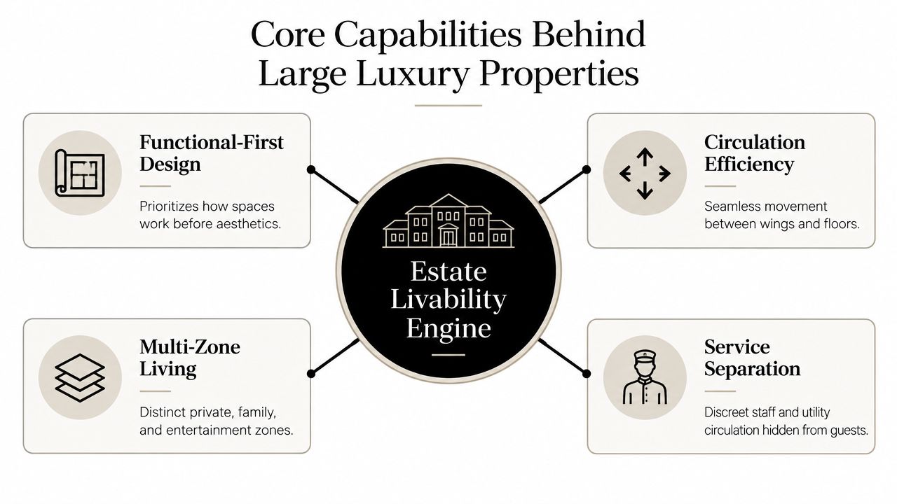 A diagram illustrating the four core capabilities behind large luxury properties, labeled Estate Livability Engine.
